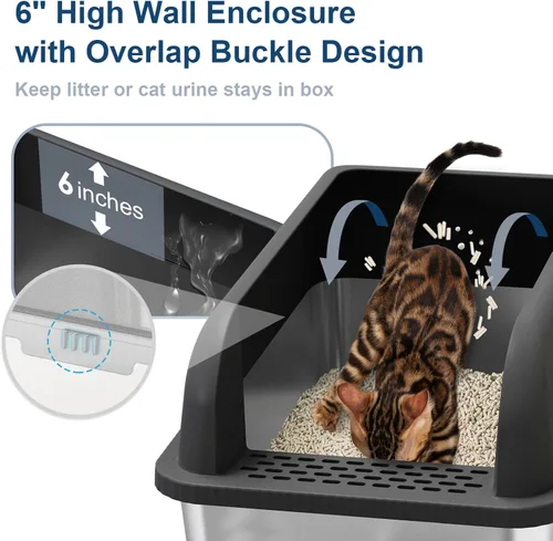 Vista 2 de Caja de arena de acero inoxidable para gatos con tapa cerrada, caja de arena extra grande para gatos grandes, bandeja de arena de metal XL