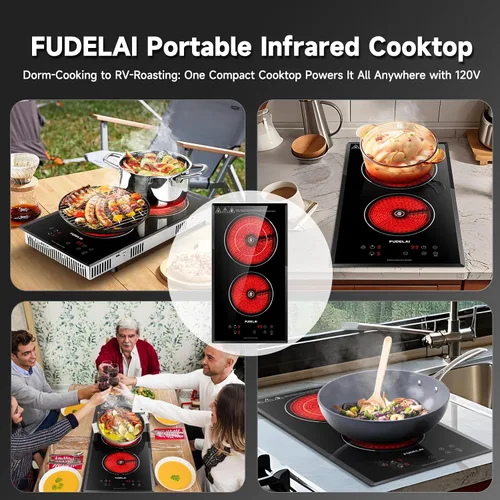 Vista 7 de Placa de cocina eléctrica de 2 quemadores, estufa de cerámica portátil con 9 niveles de potencia y temporizador, 1800 W 120 V, bloqueo de seguridad