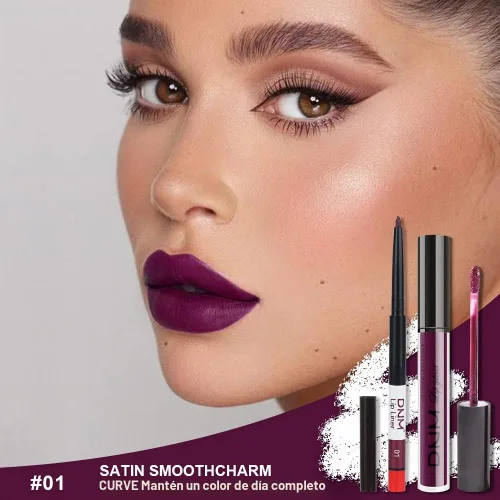 Vista 2 de evpct Juego de 2 lápices delineador de labios y lápiz labial líquido mate de 24 horas, color ciruela púrpura, maquillaje para mujer, lápiz labial