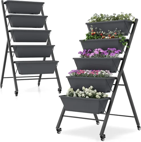 Vista 11 de Safstar - Macetero vertical de 5 niveles, cama de jardín elevada con 2 ruedas con bloqueo, 5 jardineras extraíbles, marco de metal, caja