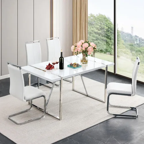 Vista 12 de Juego de mesa de comedor para 4, juego de mesa de cocina moderno con 4 patas de metal tapizadas, juego de mesa de comedor blanco para 4 personas