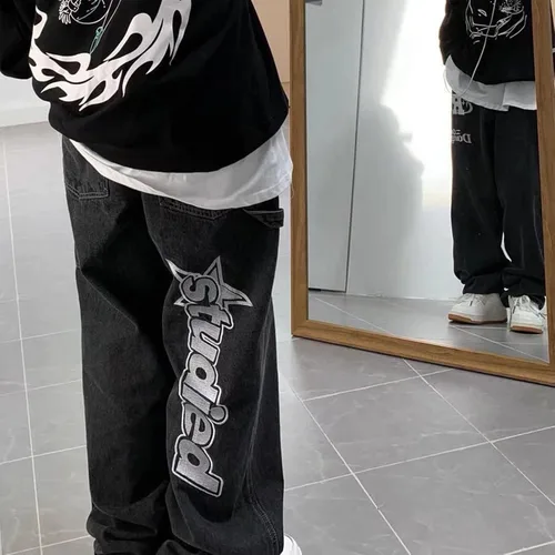 Vista 8 de Y2k Jeans - Pantalones de mezclilla para hombre, holgados, vintage, gráficos, estéticos, hip hop, pantalones de mezclilla Y2k Fashion Streetwear