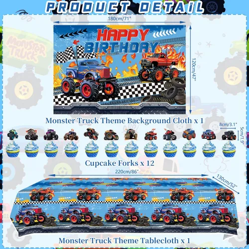 Vista 3 de KEFAN Suministros para fiesta de cumpleaños de Monster Truck, juego de decoraciones de fiesta de camión monstruo que incluye telón de fondo, platos