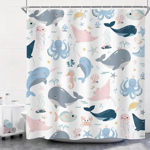 Vista 23 de Riyidecor Ocean - Cortina de ducha para niños, 60 pulgadas de ancho x 72 pulgadas de alto, diseño de ballena, dibujos animados, animales, delfín