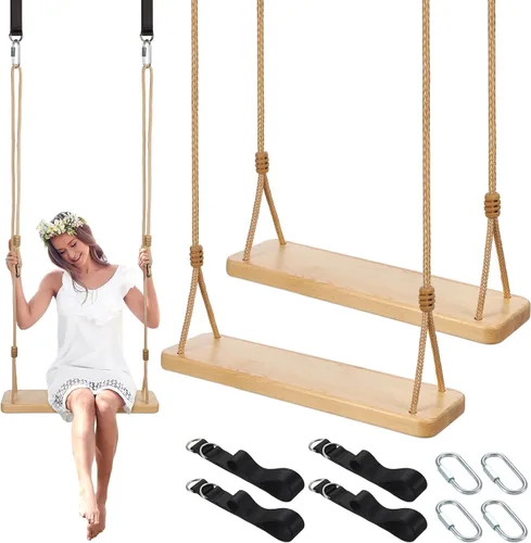Vista 7 de Hollowfly 2 Piezas Asiento de Columpio de Madera Carbonizada Colgante Columpio de Árbol de Madera con Cuerda Ajustable Anticorrosivo Impermeable