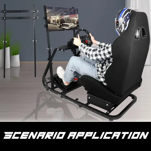 Vista 7 de Anman G25 Pro TV VR Sim Racing Simulator Cockpit Black Seat with Visualizer Monitor Stand Fit for LogitechThrustmasterFanatec G25 G27 G29 G920 G923