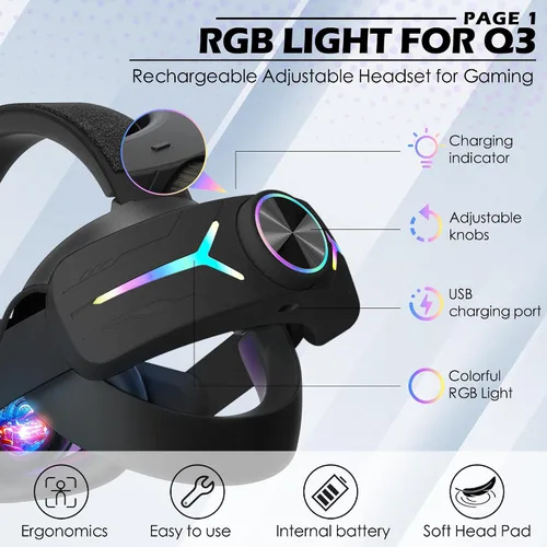 Vista 2 de Orzero Head Strap Accessories Compatible for Quest 3 with Extended 8000mah Battery Pack - Enhanced Comfort and Extended Gaming Time with RGB Light