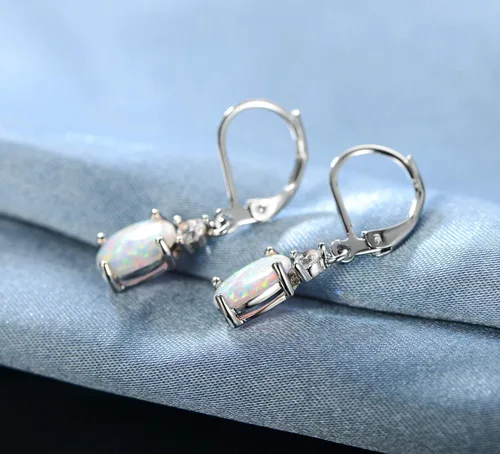 Vista 5 de GEMSME - Aretes colgantes de ópalo de lágrima chapados en oro blanco para mujer, Oro blanco