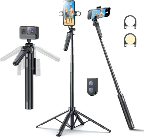 Vista 8 de Trípode Selfie Stick, trípode de 71 pulgadas para iPhone, rotación de 360° con control remoto inalámbrico, soporte portátil de aluminio