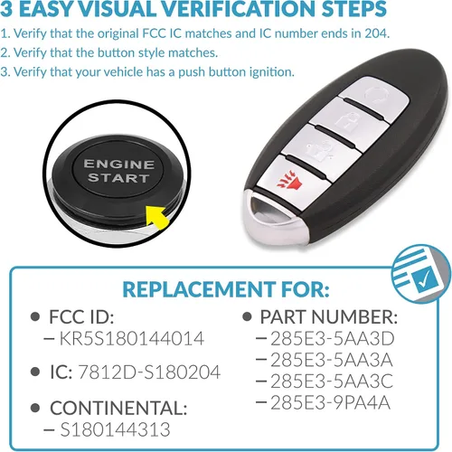 Vista 3 de Keyless2Go Reemplazo para llave inteligente de proximidad de 4 botones para Nissan KR5S180144014 IC 204 285E3-5AA3D
