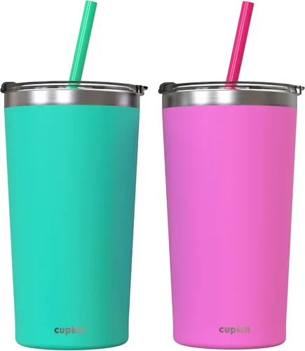 Vista 11 de CUPKIN - Taza apilable de acero inoxidable para niños, taza para batidos, tazas aisladas con recubrimiento en polvo, tapa libre de BPA y pajilla