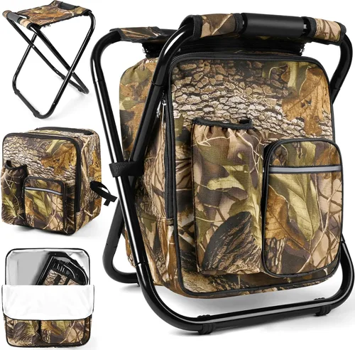 Vista 12 de Kikerike Mochila plegable con aislamiento, silla plegable para camping, caza, pesca, multifunción con bolsillo frontal y bolsillo para botella