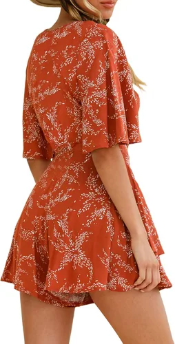 Vista 6 de Relipop Enterizo de verano para mujer, diseño floral, cuello en V, manga corta, cintura con nudo y dobladillo con volantes, overol corto casual