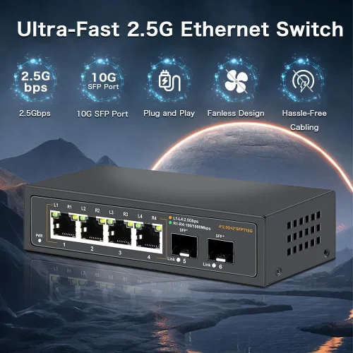 Vista 3 de Interruptor Ethernet no administrado de 2.5G con 4 puertos Base-T de 2.5G y 2 puertos de enlace ascendente SFP+ de 10G, compatible