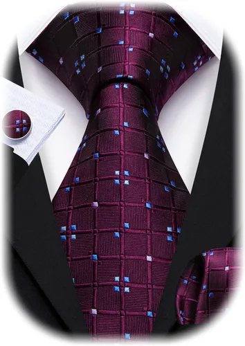 Vista 104 de Barry.Wang Juego de corbatas a cuadros para hombre con pañuelo gemelos de rayas clásicas