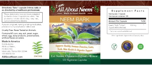 Vista 3 de Cápsulas de corteza de Neem de 400 mg de polvo orgánico de corteza de neem molido fresco cultivado en Estados Unidos, 120 unidades y fabricado