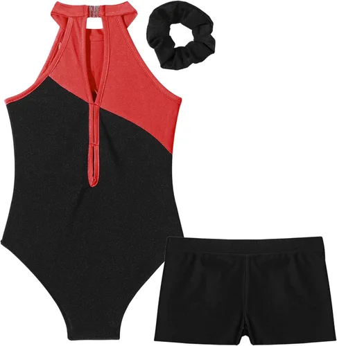 Vista 4 de Kids Girls Ballet Dance Outfits Shiny Sleeveless Gymnastic Leotard with Athletic Shorts Hair Band Tracksuit