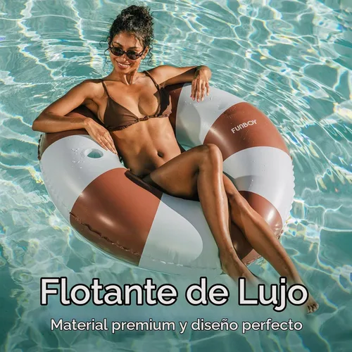 Vista 2 de FUNBOY Flotador de piscina vintage de 46 pulgadas a rayas marrones y azules con soporte para tazas