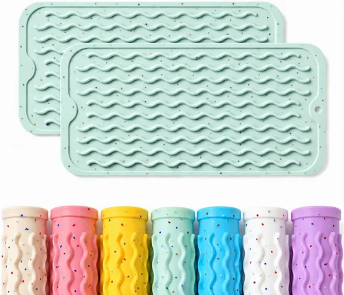 Vista 17 de CAKETIME Paquete de 2 tapetes de secado de platos de silicona multicolor para encimera de cocina, comedor, manteles individuales resistentes al