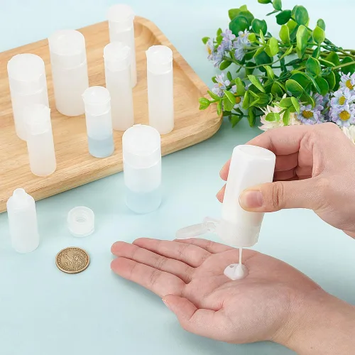Vista 3 de BENECREAT 10 botellas de 12 ml/18 ml/30 ml de plástico para artículos de aseo de viaje, botellas con tapa abatible, recipientes de muestra