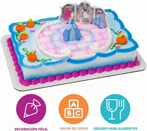 Vista 2 de DecorSet® Disney Princess Cenicienta Transforms Decoración para pastel, juego de 4 piezas para pastel de cumpleaños con figura y pegatinas de vestido