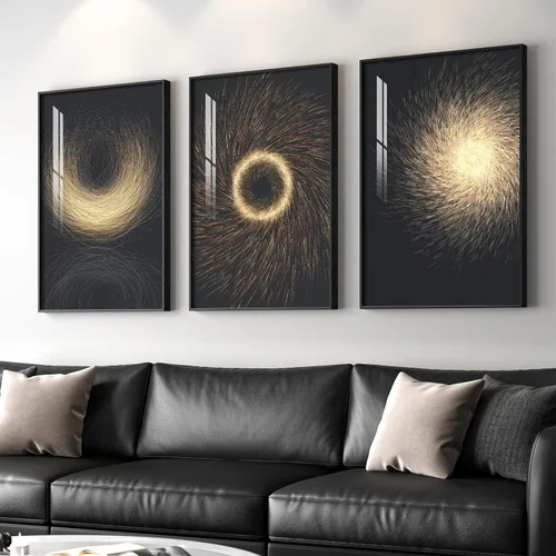 Vista 26 de Arte de pared moderno enmarcado en blanco y negro, 3 piezas de impresiones contemporáneas grandes para paredes, juego de 3 imágenes de hojas doradas