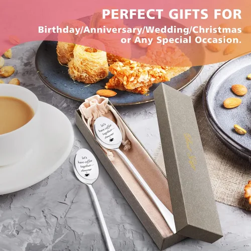 Vista 5 de PRSTENLY Cuchara de café grabada, 2 cucharas de acero inoxidable personalizadas para parejas, regalos de San Valentín, boda, compromiso, graduación