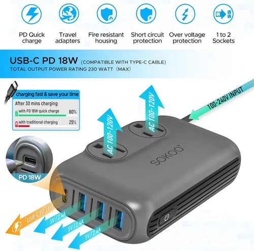 Vista 3 de SOKOO Convertidor de voltaje reductor de 230 vatios de 100-220 V a 110 V, convertidor de corriente internacional/adaptador de viaje, uso