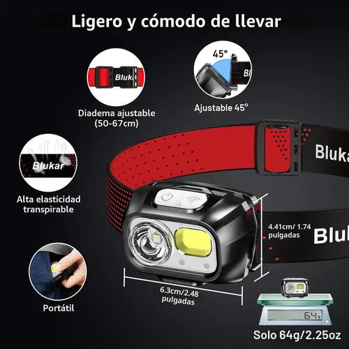 Vista 8 de Blukar - Linterna frontal LED recargable, 2000 L, súper brillante