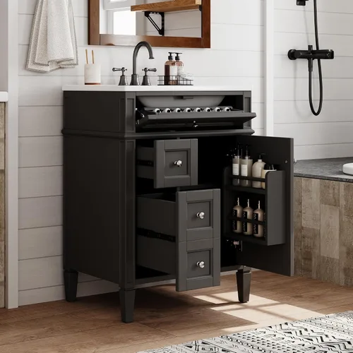 Vista 9 de Virubi Tocador de baño de 30" con fregadero de cerámica, gabinete de almacenamiento moderno