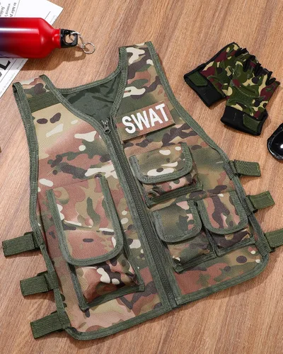 Vista 7 de SATINIOR Chaleco táctico para niños, chaleco de combate del ejército al aire libre con medio dedo, guantes cortos transpirables