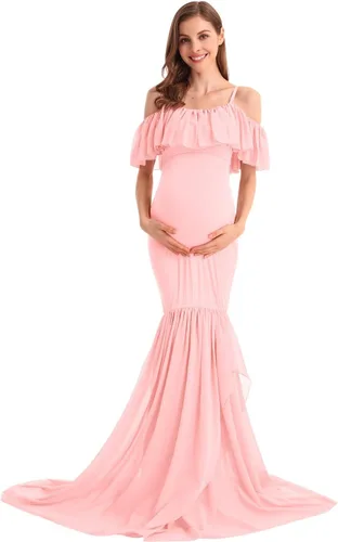 Vista 32 de MYRISAM Vestido de maternidad con volantes y hombros descubiertos para mujer, vestido de fiesta de sirena de gasa, vestido ajustado