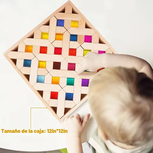 Vista 6 de Agirlgle - Cubos de Construcción de Madera Arcoíris, Bloques de Apilar de Gemas, Juego de Apilado de Arcoíris Montessori Colorido, Elegantes Bloques