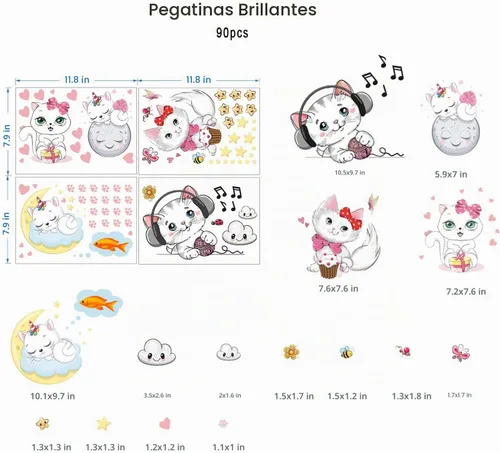 Vista 7 de Estrellas que brillan en la oscuridad para la habitación, adhesivos de pared/techo que brillan de gatos, calcomanías de mariposas de gatito