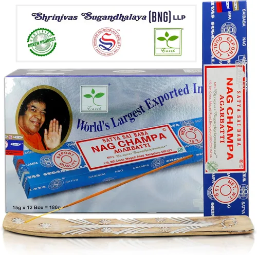 Vista 10 de Varillas de incienso Satya Champa, Paquete de 15gmx12 de inciensos Satya Bng con paquete de soporte de incienso Raajsee, Incienso natural Satya Nag