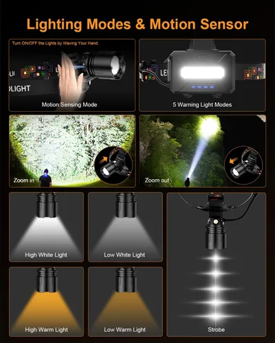 Vista 4 de Linterna frontal recargable con luz de doble color y sensor de movimiento, 1000 lúmenes, linterna de cabeza súper brillante, IPX6 impermeable