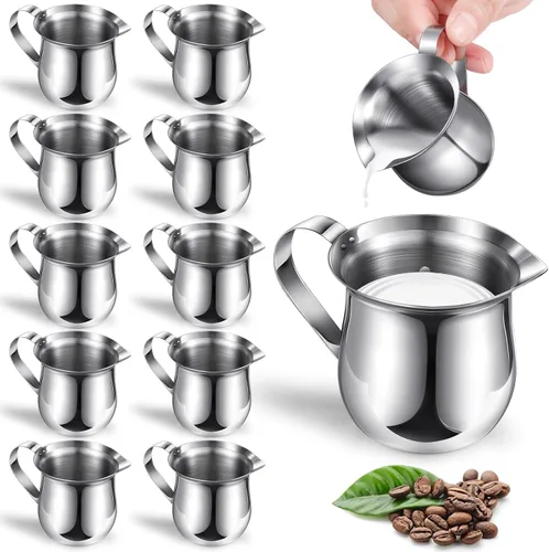 Vista 8 de Potchen Paquete de 6 cremas de campana de acero inoxidable de 3 onzas, mini jarras de leche para café con mango y tazas de boquilla para servir