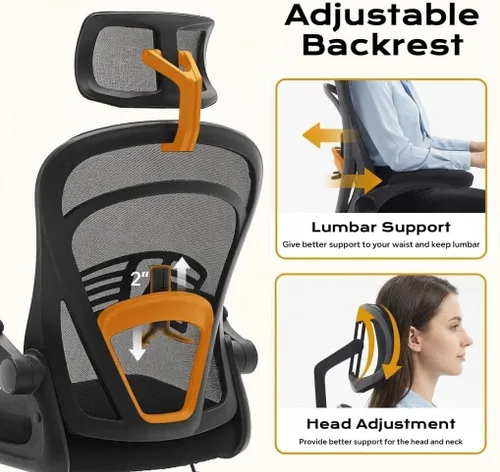 Vista 5 de Ergonomic Office Chair,Computer Desk Chair Comfy with Flip-Up Armrests,Comfortable Lumbar Support Gaming Chairs for Bedroom,Study,Student,Wide Black