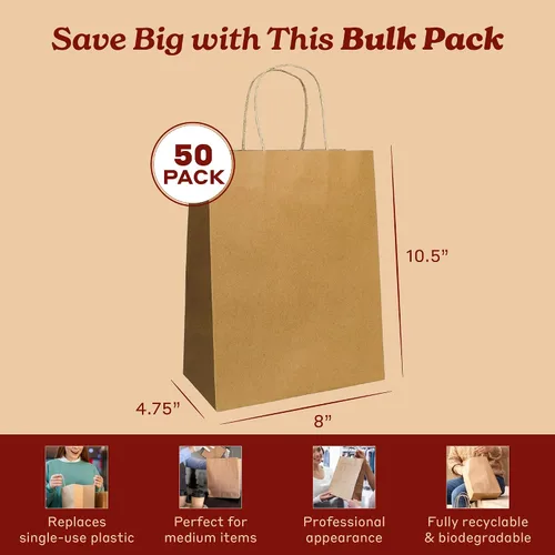 Vista 6 de PTP Bags Bolsas de papel kraft de 8 x 4.75 x 10.5 pulgadas, bolsa reciclable de 3.53 oz/m² con asas reforzadas para regalos de boutique, compras al