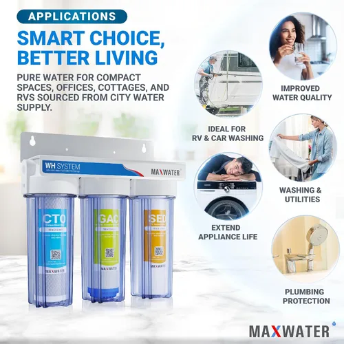 Vista 5 de Max Water Sistema de filtración de agua estándar de 3 etapas (bueno para agua de la ciudad) de 10 pulgadas para toda la casa – Sedimento + GAC + CTO