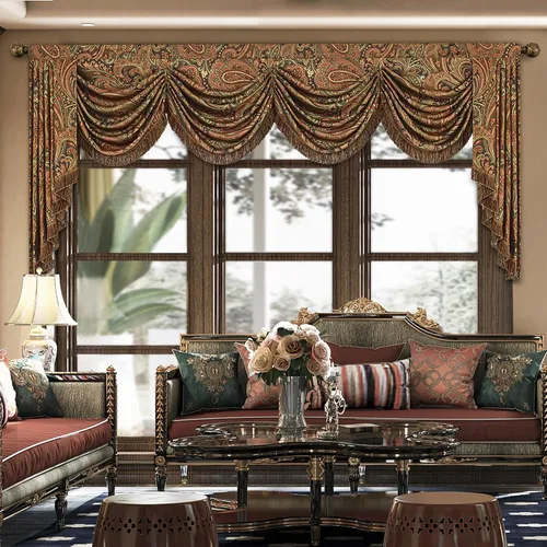Vista 9 de Loom and Mill Cenefa de cascada de lujo de jacquard para sala de estar, elegantes cenefas de ventana con festones y cuentas damascadas, cortinas