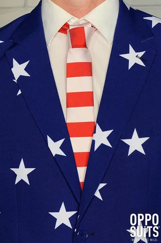 Vista 4 de OppoSuits Traje de bandera estadounidense para hombre, traje de Estados Unidos para el 4 de julio con chaqueta roja, blanca y azul, pantalones