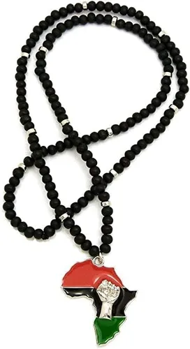Vista 4 de Shiny Jewelers - Collar de cuentas de madera cubanas con colgante en forma de mapa de África para hombre