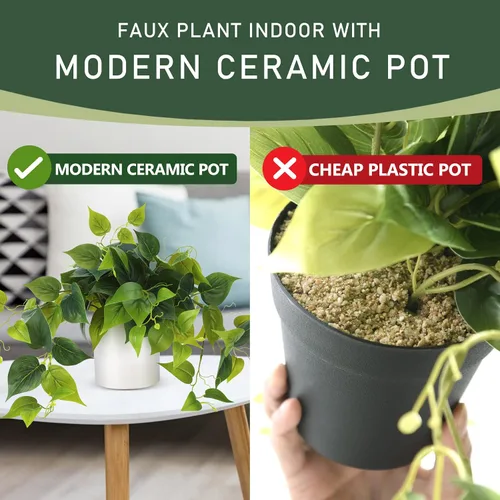 Vista 6 de Planta sintética en maceta, plantas decorativas de Pothos falsos con maceta de cerámica blanca para estante de escritorio, baño, decoración de sala