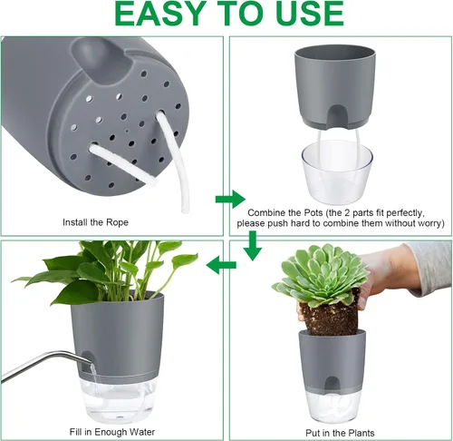 Vista 5 de ShineMe Macetas de Riego Automático, Macetas de 4.1 Pulgadas de Riego Automático para Plantas de Interior, Juego de 6 Macetas de Plástico