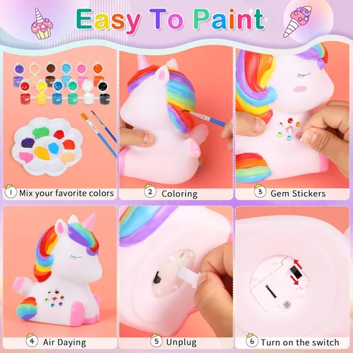 Vista 6 de dededa Kit de arte de luz nocturna de unicornio para pintar tu propio unicornio, artes y manualidades para niños de 4 a 8 años, regalos