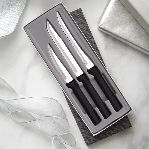 Vista 2 de Rada Juego de 3 cuchillos de cocina con afilador de borde rápido (R119), cuchillas de acero inoxidable, mango negro