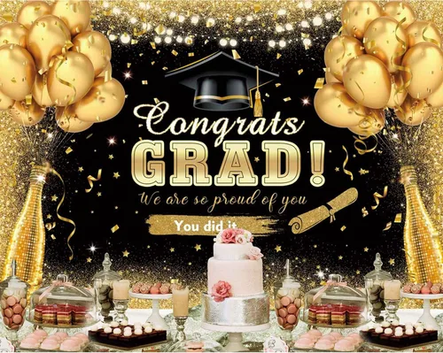 Vista 3 de Cartel de graduación de 7 x 5 pies para celebrar la clase de 2025, decoraciones de fiesta con globos negros y dorados con purpurina negra y dorada
