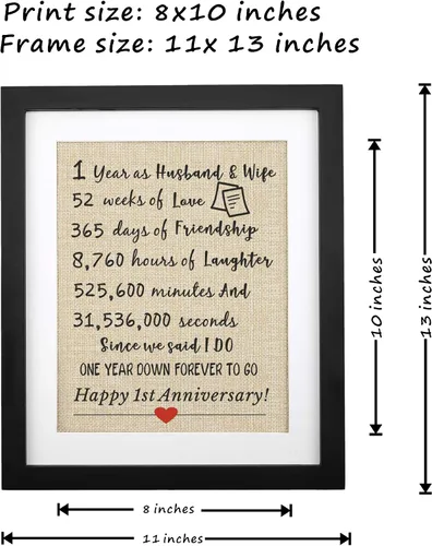 Vista 4 de Corfara Impresión enmarcada de arpillera para el primer aniversario, 11 pulgadas de ancho x 13 pulgadas de alto, 1 año como marido y esposa, regalos