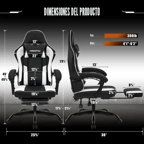 Vista 3 de Silla de juegos con reposapiés, sillas reclinables de videojuegos para adultos con soporte lumbar, reposabrazos articulados, silla ergonómica